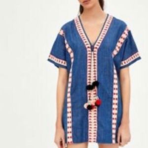 Zara Embroidered Denim Tunic w/ pockets and pompom